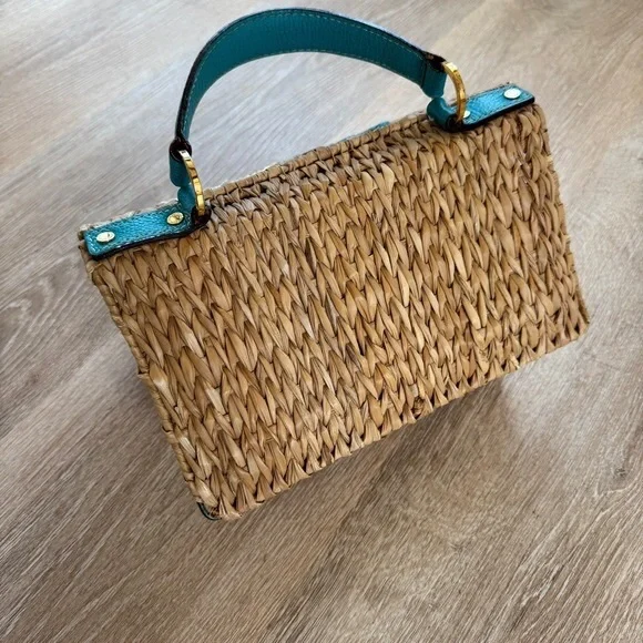 Kate Spade New York blue bird birdhouse maya wicker raffia handbag blue bird - Picture 11 of 11